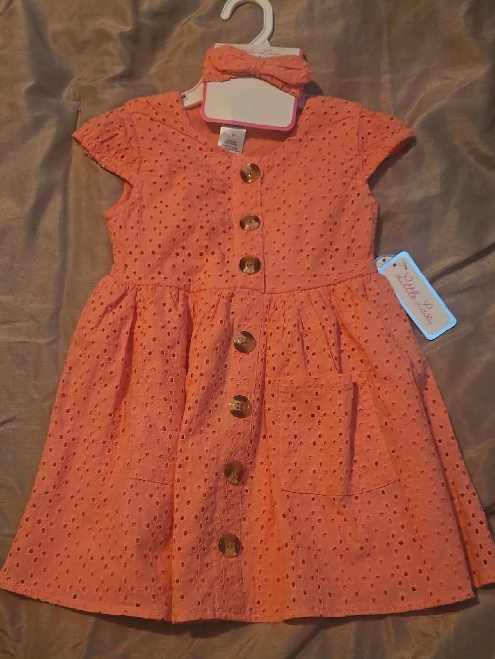 Little Lass Coral Eyelet Button-Front Dress with Bow Headband